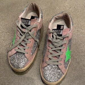 Golden Goose Pink and Silver Superstar Glitter Sneakers with Green Star 39